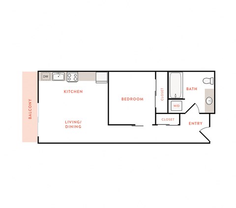 Floor plan for 1 bed, 1 bath, 570 sqft
